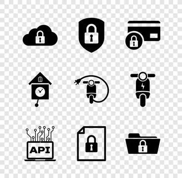Set Cloud computing lock, Shield security with, Credit card, Computer api Stock Illustration