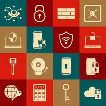 Set Cloud computing lock, Smartphone with closed padlock, Laptop and, Bricks Stock Illustration