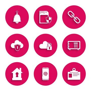 Set Cloud computing lock, Smartphone with fingerprint scanner, Identification Ilustración de archivo