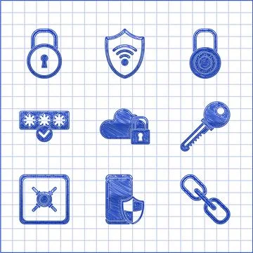 Set Cloud computing lock Smartphone with security shield Chain link Key Safe  Stock Illustration