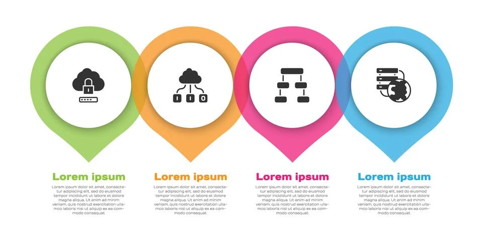 Set Cloud computing lock, technology data transfer, Hierarchy organogram ch.. Illustrazione stock