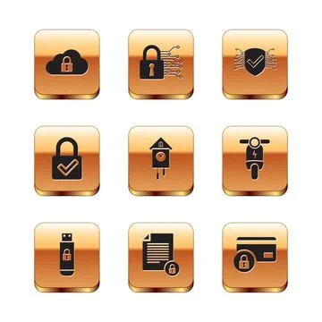 Set Cloud computing lock, USB flash drive with, Document and, Retro wall watch 스톡 일러스트