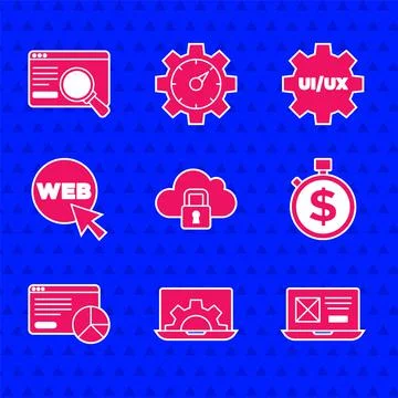 Set Cloud computing lock, Web development, UI or UX design, Time is money Stock Illustration