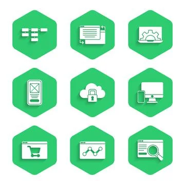 Set Cloud computing lock, Website statistic, UI or UX design, Monitor and mobile Stockillustratie