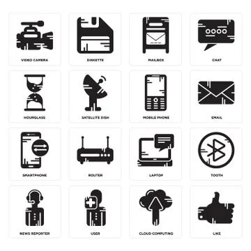 Set of Like, Cloud computing, News reporter, Laptop, Smartphone, Mobile phone Free Stock Illustration