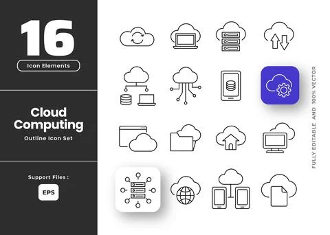 Set of cloud computing outline icon set, related to cloud services, server,.. Illustrazione stock