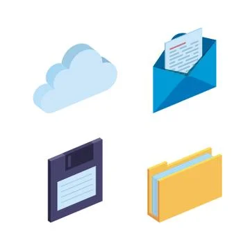Set of cloud data and diskette with documents information Stock Illustration