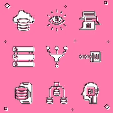 Set Cloud database, Artificial intelligence AI, Chat bot, Server, Data, Fun.. 스톡 일러스트
