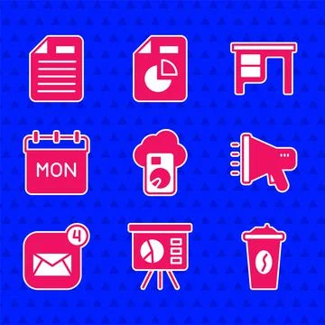 Set Cloud database, Board with graph, Coffee cup to go, Megaphone, Envelope イラスト素材
