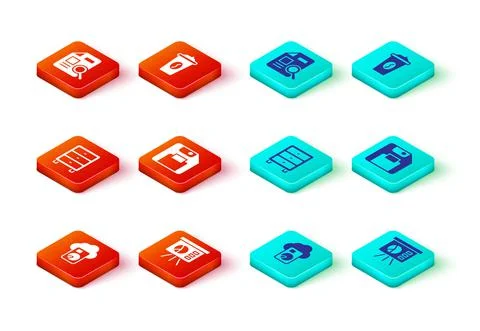 Set Cloud database, Board with graph, Archive papers drawer, Floppy disk, Coffee Stock Illustration