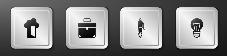 Set Cloud database, Briefcase, Fountain pen nib and Light bulb icon. Silver Illustrazione stock