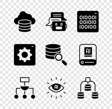 Set Cloud database, Chat bot, Binary code, Algorithm, Artificial intelligen.. Illustrazione stock