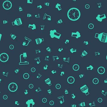 Set Cloud database, Clock, Table lamp and Glue on seamless pattern. Vector Stock Illustration