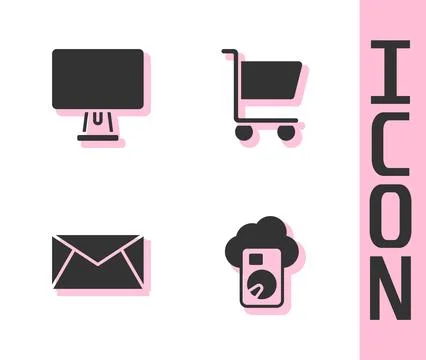 Set Cloud database, Computer monitor, Mail and e-mail and Shopping cart icon Illustrazione stock