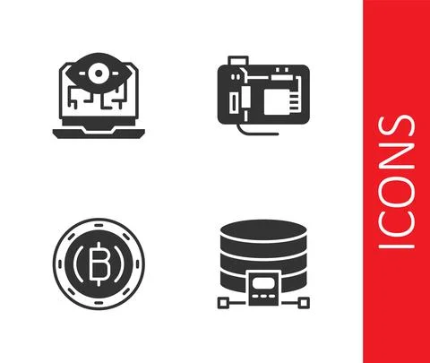 Set Cloud database, Computer vision, Cryptocurrency coin Bitcoin and Motherboard Stock Illustration