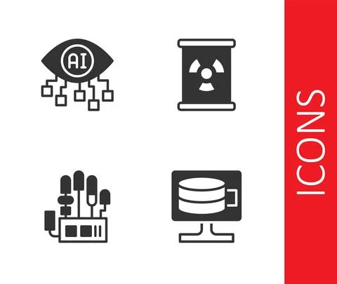 Set Cloud database, Computer vision, Mechanical robot hand and Radioactive waste Stock Illustration