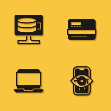 Set Cloud database, Computer vision, Laptop and Credit card icon with long Illustrazione stock