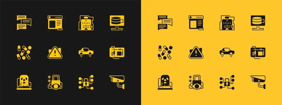 Set Cloud database, Cyber security, Fantastic flying car, Exclamation mark .. Illustrazione stock