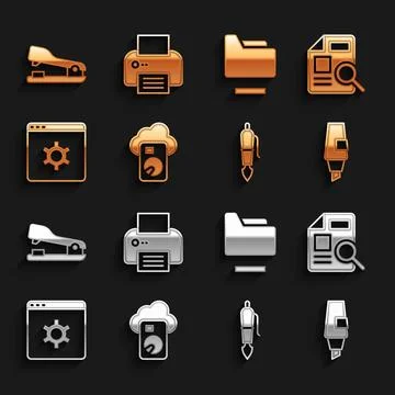 Set Cloud database, Document with graph chart, Marker pen, Fountain nib, Br.. Illustrazione stock