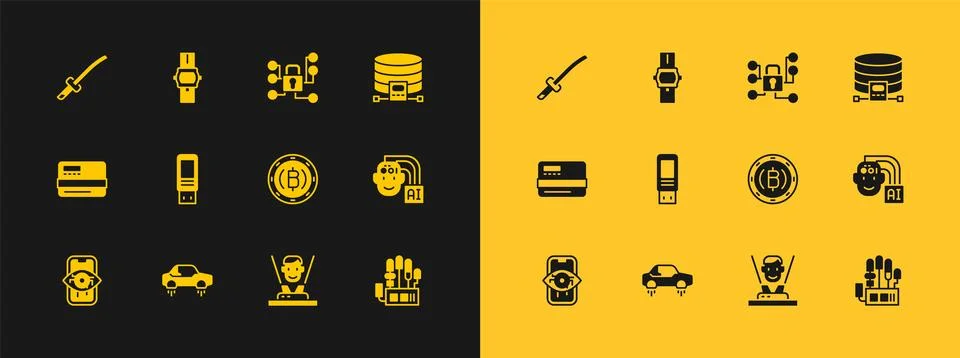 Set Cloud database, Fantastic flying car, Cryptocurrency coin Bitcoin, Holo.. Illustrazione stock