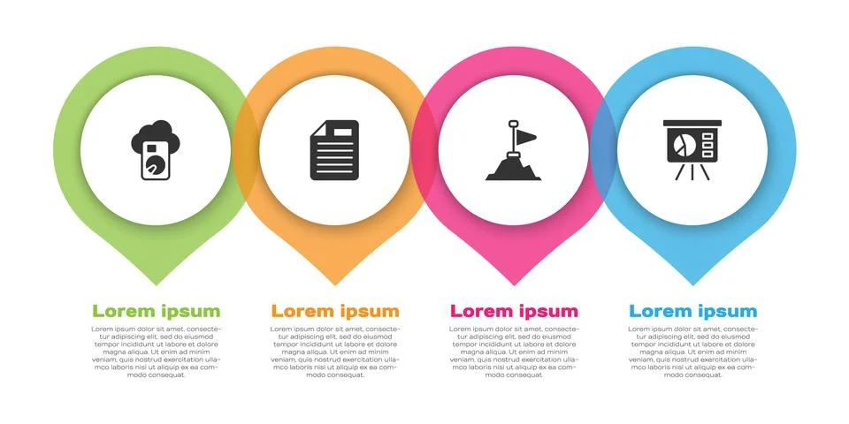 Set Cloud database, File document, Mountains with flag on top and Board graph 스톡 일러스트