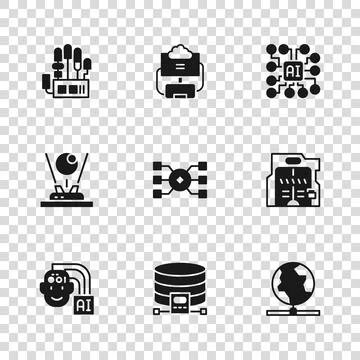 Set Cloud database, Futuristic sliding doors, Global technology, Neural net.. Stock Illustration