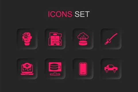 Set Cloud database, Futuristic sliding doors, Smart glasses on spectacles, .. Stock Illustration