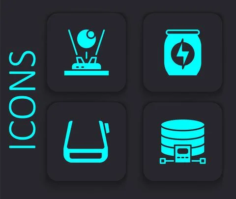 Set Cloud database, Hologram, Energy drink and Smart glasses on spectacles icon Illustrazione stock