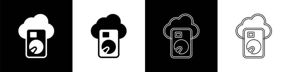 Set Cloud database icon isolated on black and white background. Cloud computing Stock Illustration