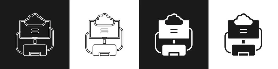 Set Cloud database icon isolated on black and white background. Cloud computing Stock Illustration