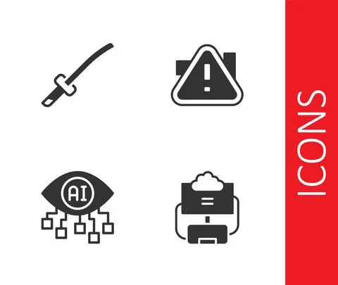 Set Cloud database, Katana, Computer vision and Exclamation mark in triangle Illustrazione stock