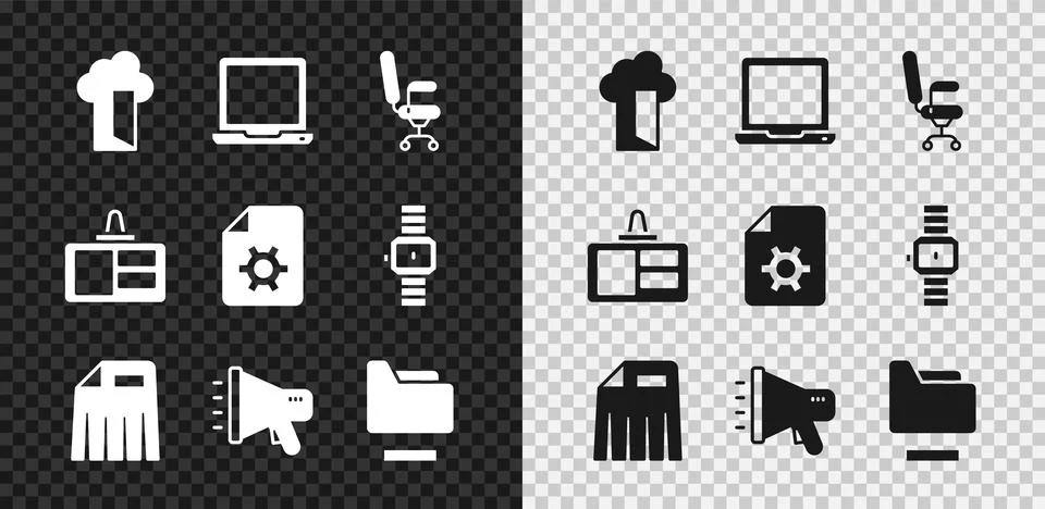 Set Cloud database, Laptop, Office chair, Paper shredder, Megaphone, Document Stock Illustration