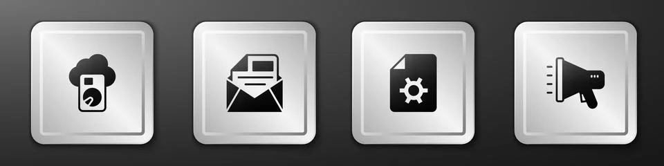 Set Cloud database, Mail and e-mail, Document settings and Megaphone icon. .. Stock Illustration
