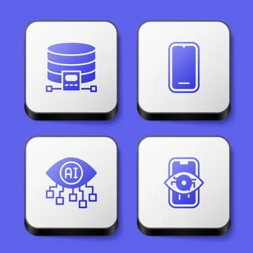 Set Cloud database, Mobile phone, Computer vision and icon. White square button Illustrazione stock