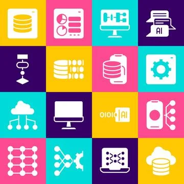 Set Cloud database, Neural network, Computer api interface, Algorithm, Bina.. Stock Illustration