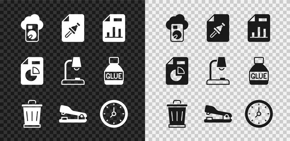 Set Cloud database, Note paper with push button, Document graph chart, Trash can 스톡 일러스트