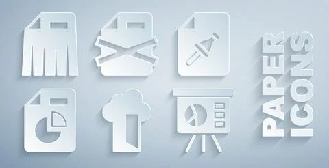 Set Cloud database, Note paper with push button, Document graph chart, Board Stock Illustration