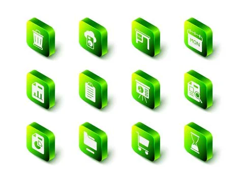 Set Cloud database, Office desk, Calendar, Document with graph chart, Old 스톡 일러스트