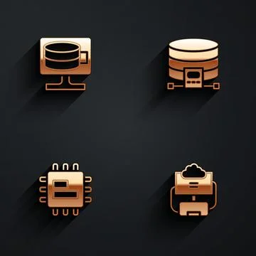 Set Cloud database, Processor CPU and icon with long shadow. Vector Stock Illustration