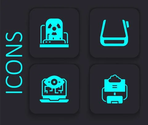 Set Cloud database, Radioactive warning lamp, Smart glasses on spectacles and Stock Illustration