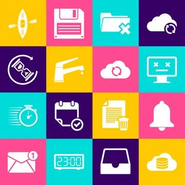 Set Cloud database, Ringing bell, Dead monitor, Delete folder, Water tap and Illustrazione stock