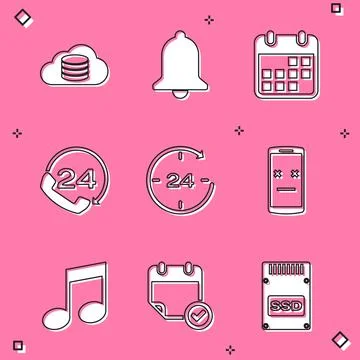 Set Cloud database, Ringing bell, Calendar, Telephone 24 hours support, Clock Illustrazione stock