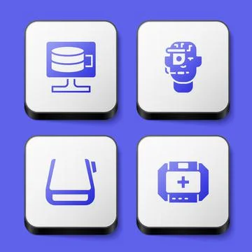 Set Cloud database, Smart glasses on spectacles, and First aid kit icon. White Stock Illustration