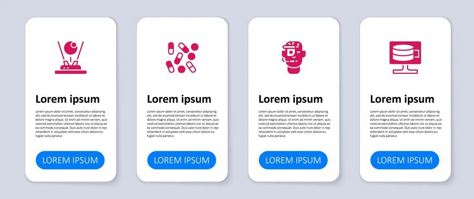 Set Cloud database, Smart glasses on spectacles, Medical pill biohacking and Stock Illustration