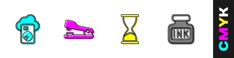 Set Cloud database, Stapler, Old hourglass and Inkwell icon. Vector Stock Illustration