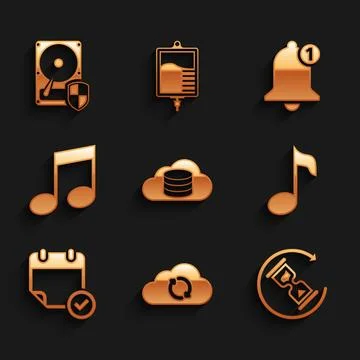 Set Cloud database, sync refresh, Waiting, Music note, tone, Calendar with check 스톡 일러스트
