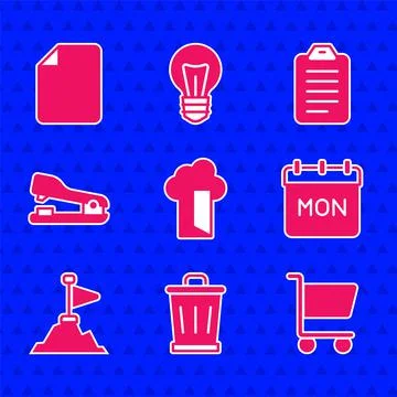 Set Cloud database, Trash can, Shopping cart, Calendar, Mountains with flag on Stock-Illustration