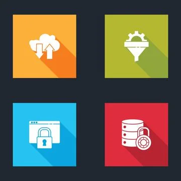 Set Cloud download and upload, Sales funnel with gear, Secure your site HTTPS 库存插图
