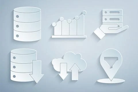 Set Cloud download and upload, Server, Data, Web Hosting, Location with sales 스톡 일러스트