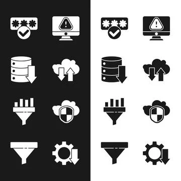 Set Cloud download and upload, Server, Data, Web Hosting, Password protection Stock Illustration